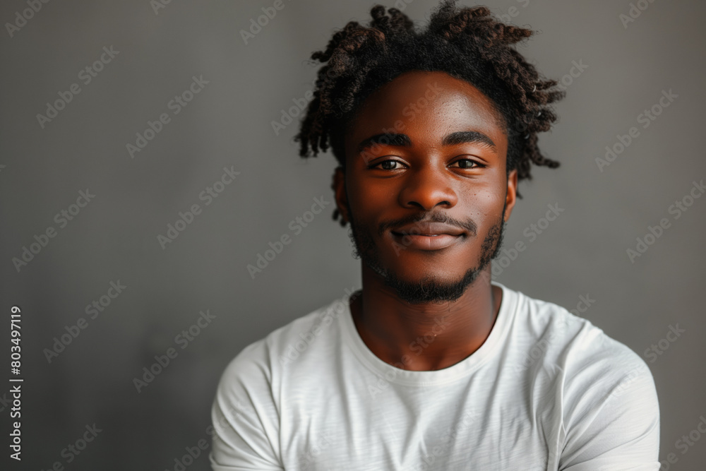 Wall mural Black man with dreadlocks posing for picture against grey background, minimalist style, copy space