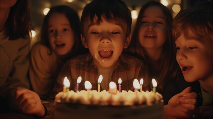 A child blowing out birthday candles on a cake surrounded by friends and family, beaming with excitement.