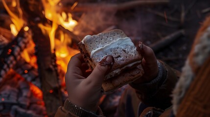 A child eagerly biting into a gooey s'more by the campfire, with chocolate melting down their fingers.