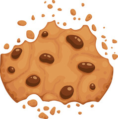 Bitten chocolate chip cookie. Crunch homemade brown biscuit broken with crumbs. Cartoon baked round choco cookie bite animation vector. Illustration animation disappear choco crumb piece bakery