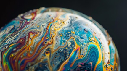Macro shot capturing the complex and psychedelic swirls on a bubble surface