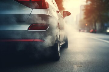 A car is driving down a street with smoke coming out of the tailpipe - Powered by Adobe