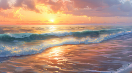 A serene sunrise over a calm ocean, the sky painted in soft oranges and pinks, with gentle waves lapping at a sandy shore