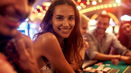 Attractive young female enjoying a fun night out with blurred casino lights in the background