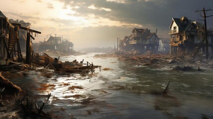 A post apocalyptic landscape with a river and houses