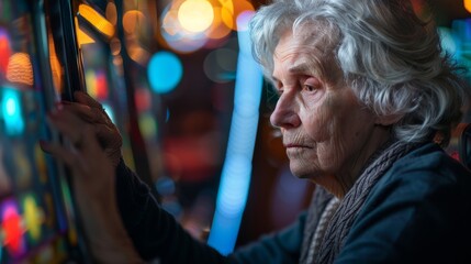 Obraz premium A senior individual is fully engulfed in the experience of playing a slot machine, surrounded by vibrant casino lights
