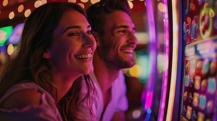 Two people smile while playing at a brightly lit slot machine, capturing joy and leisure