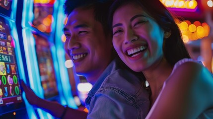 Obraz premium Gleeful couple share a moment of pure happiness with casino games surrounding them in vibrant hues