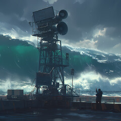 A powerful wave threatens a coastal structure as a warning system stands ready to alert of nature's fury.