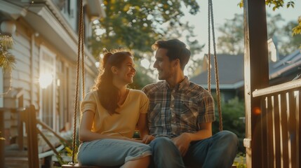 Fototapeta premium A couple swinging together on a porch swing, smiling and chatting as they enjoy the warm summer breeze.