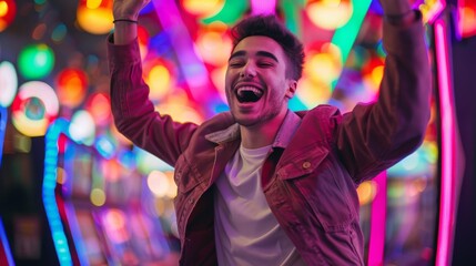 Vibrant scene of a joyful man celebrating with bright lights in an arcade