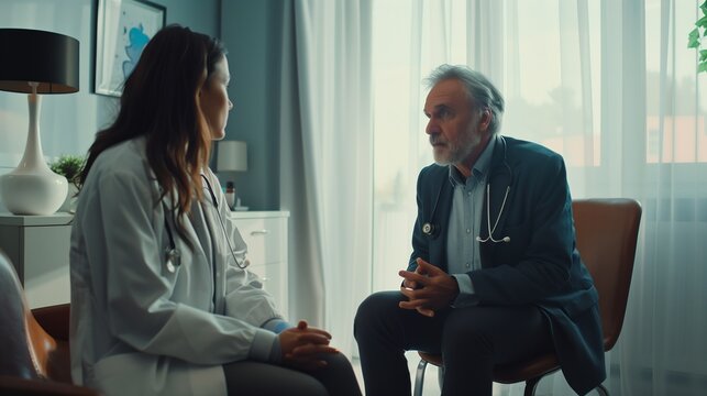 A doctor providing mental health support to a patient, offering therapy and counseling to address emotional and psychological well-being alongside medical treatment. - Powered by Adobe