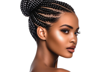 Portrait of beautiful african american woman with curly long braids and bun, side portrait of attractive african woman with braids, isolated on white background