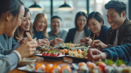 A group of coworkers gathered around a table for a team-building lunch, with laughter and camaraderie as they share plates of sushi.
