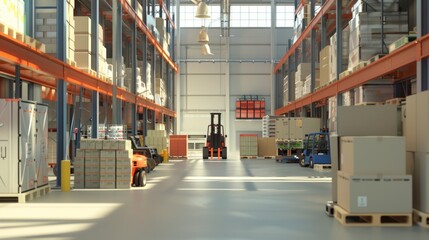 Modern warehouse interior with forklift and shelves