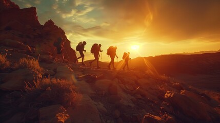 A group of hikers traversing a rocky desert landscape, silhouetted against a blazing sunset sky as they press onward toward the horizon.