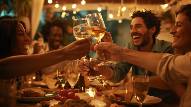 A group of friends raising a toast and laughing uproariously at a dinner party filled with good food and great company.