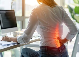 Woman in office suffering from lower back pain with highlighted spine.
