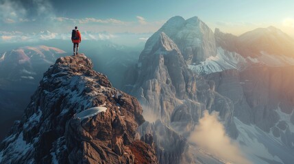 A lone explorer scaling a rugged mountain peak, with breathtaking vistas stretching out below. - Powered by Adobe