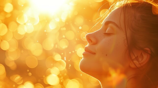 A person basking in the warm sunlight, eyes closed and face upturned with a blissful expression.