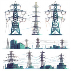 A Modern Approach to Renewable Energy – Electrical Towers and Substation Illustrations