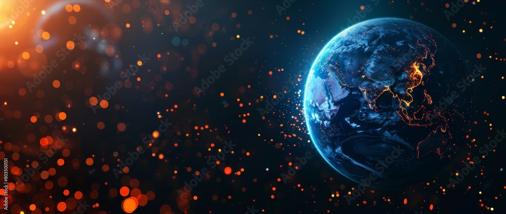 Wall mural world globe with bokeh effect and dark background. view on planet earth from space.