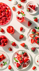 Delicious and Appealing Array of Variety Strawberry-Based Recipes Displayed on Light Background.
