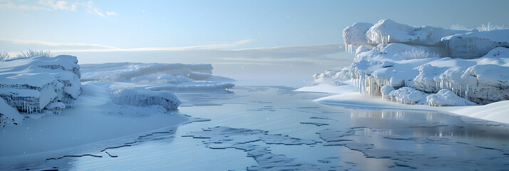 Obraz premium A snowy lagoon in a frozen landscape, ice formations along the water's edge, under a crisp, clear winter sky