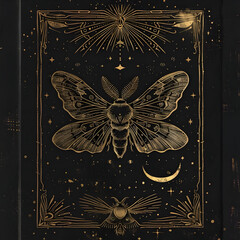 Moth at black and gold style, tarot style, mysterious image, moon and stars symbols