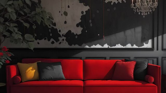 Modern interior living room with sofa flipbook zoom in animation. Black wall and red sofa.High quality FullHD footage