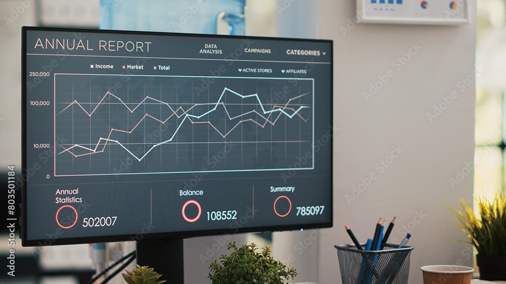 Poster business graphs and figures on computer monitor left open in empty workspace. economic annual report