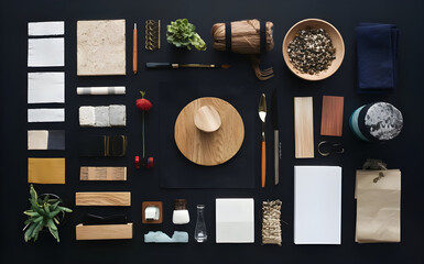 Flat lay composition of creative black architect moodboard with samples of building, textile and natural materials and personal accessories. Top view, black backgroung, template.
