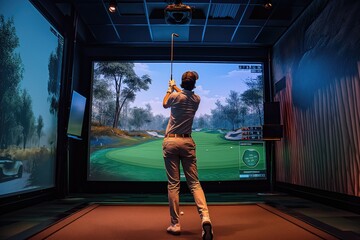 Golfer playing golf in indoor simulator Mixed media. golf simulator