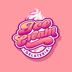Gelateria logo. Italian Ice Cream. Lettering with ice cream and syrup.