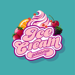 Ice Cream logo. Gelateria icon. Italian Ice Cream. Lettering with ice cream and berries.