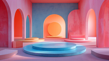 Colorful 3D Set with Arches, Stairs, and Commercial Decorations