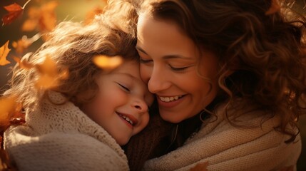 Closeup of mother and child sharing a joyful moment amidst autumn leaves