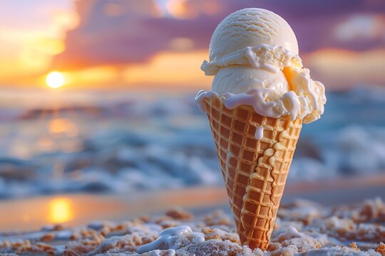 Scoop of vanilla ice cream on a waffle cone, closeup, sunset lighting, classic and tempting
