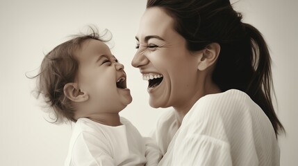 Closeup of joyful mother and child laughing together with a clear, minimalist backdrop