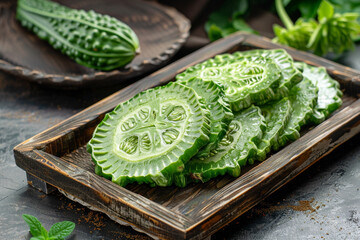 The vibrant green color and delicate texture of dried bitter gourd slices, placed on a rustic wooden tray. - Powered by Adobe