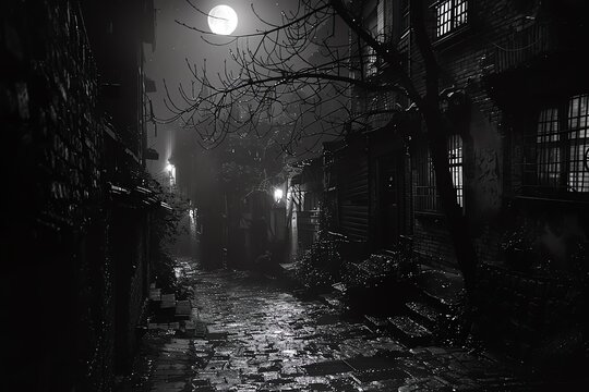 Scorpio in a dark alley, noir style, high contrast moonlight, mysterious atmosphere