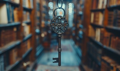 Skeleton key hanging from an old bookshelf, side light, dusty atmosphere, historic and nostalgic