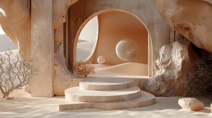 Desert 3D Set with Geometric Shapes and Arches