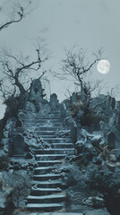 Mysterious Ancient Cemetery with Staircase surrounded by Graves