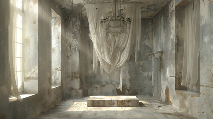 Abandoned 3D Scene with Candlestick and Hanging Fabrics