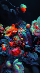 Neon Hummingbird Illustration with Fluorescent Flowers