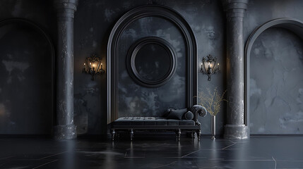Gothic Black Minimalist Interior with Velvet Sofa