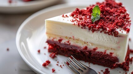 close up of a slice red velvet cheese cake moist with topping.