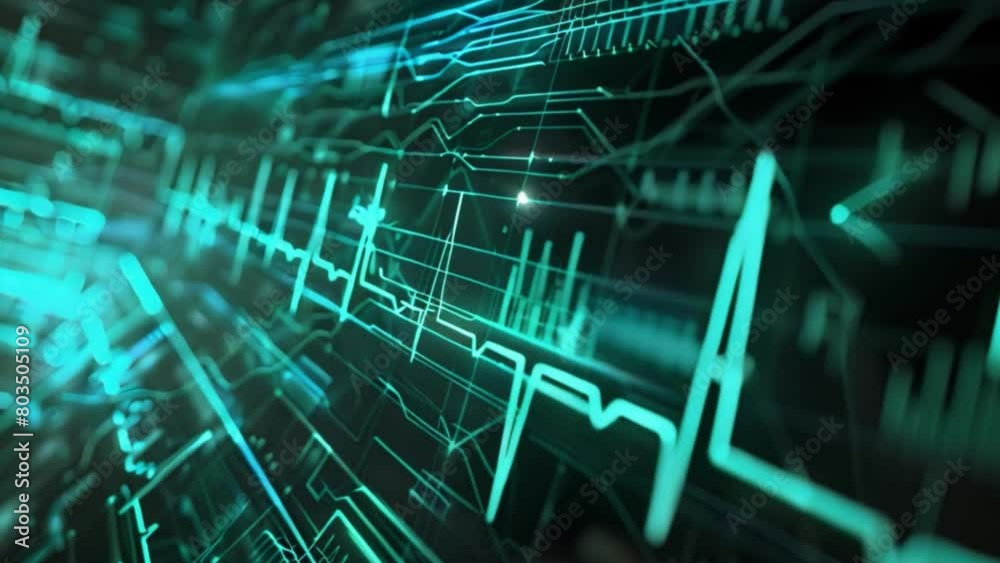 Poster A digital medical-themed background featuring blue and black colors with intricate lines and graphs for data analysis.