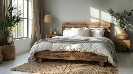 The rustic wooden bed against empty white wall with copy space. Scandinavian loft interior design of modern bedroom.